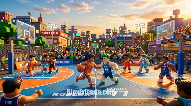 Imagem contextual de avatares Roblox jogando basquete com entusiasmo em uma quadra detalhada.