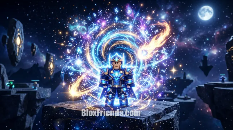 Imagem contextual de um avatar Roblox exibindo os detalhes e o brilho de uma aura transcendente específica de Sol's RNG.