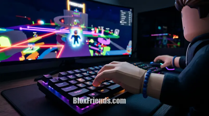 Mãos de jogador focadas na tecla Shift de um teclado, com um fundo desfocado mostrando gameplay de Tower of Hell.