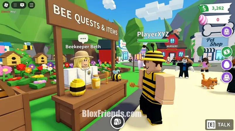 Screenshot do jogo Adopt Me no Roblox, detalhando novos itens e um NPC de quest com tema de abelhas, em um ambiente vibrante do jogo.