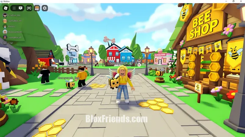 Screenshot do jogo Adopt Me no Roblox, mostrando um personagem blocky segurando um pet abelha em um cenário temático da atualização Bee Pass.