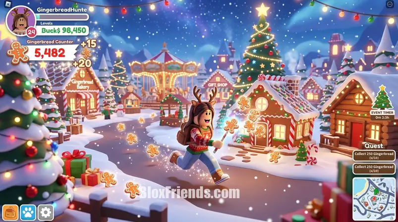 Jogador em Adopt Me! ativamente coletando Gingerbreads de decorações natalinas no jogo.