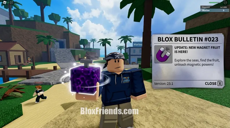 Captura de tela do jogo Blox Fruits no Roblox com um personagem segurando a possível 'Magnet Fruit' e um pop-up do 'Blox Bulletin #023'.