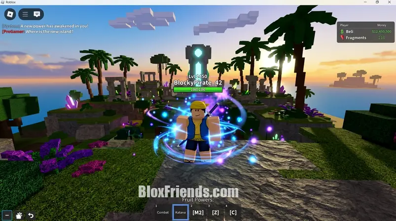 Screenshot do jogo Blox Fruits no Roblox mostrando um personagem blocky em uma nova área com efeitos de poder, representando a Atualização 31.