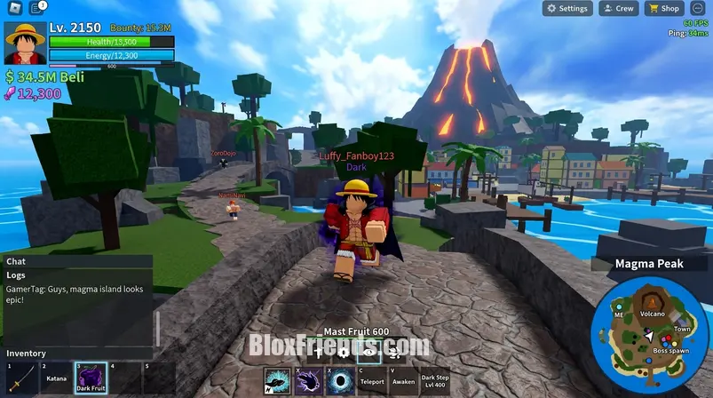 In-game screenshot of a Roblox character exploring a new map area in Blox Fruits, showing the mini-map UI.