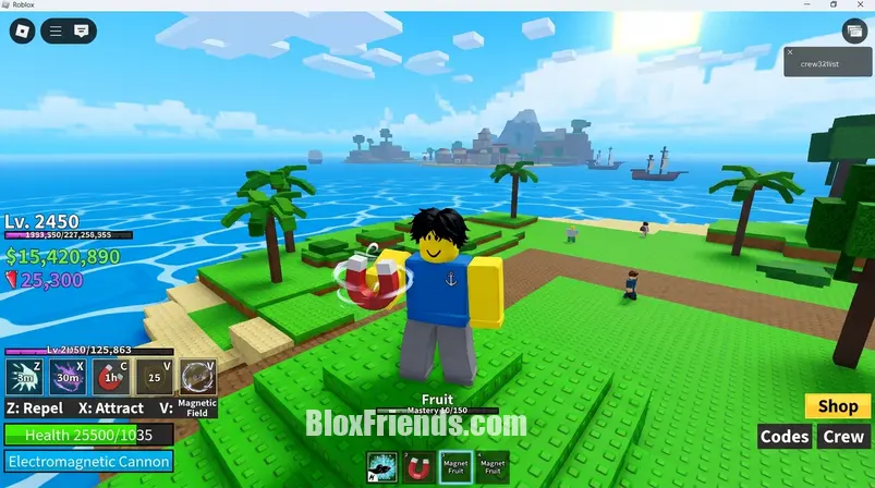 Screenshot of a blocky Roblox character holding the Magnet Fruit in Blox Fruits, with a vibrant island background.