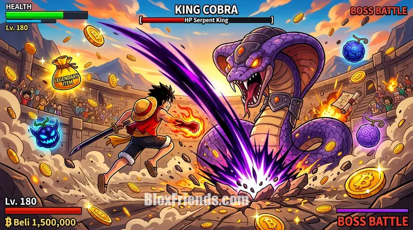 Personagem de Blox Fruits em combate contra um chefe, com Beli caindo.