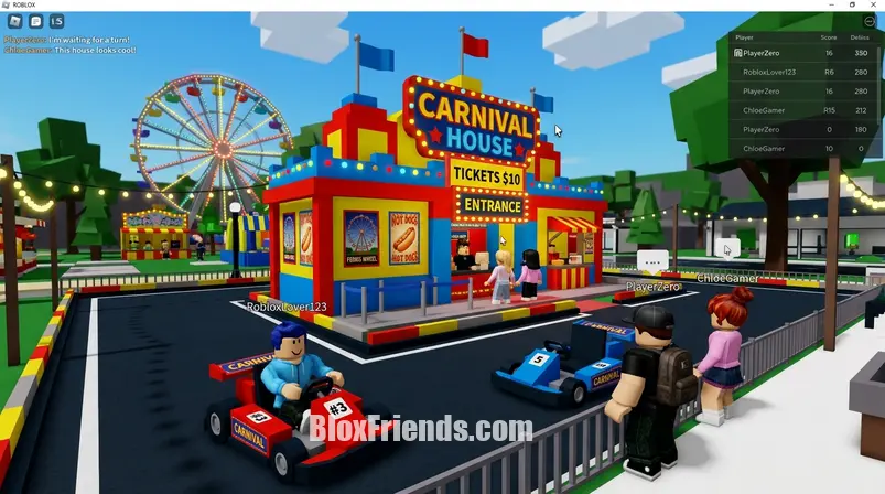 Screenshot de novos itens do carnaval de Brookhaven RP, como a casa de carnaval e karts, no Roblox.