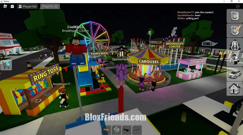 Screenshot do carnaval de Brookhaven RP no Roblox, com personagens blocky e brinquedos coloridos.