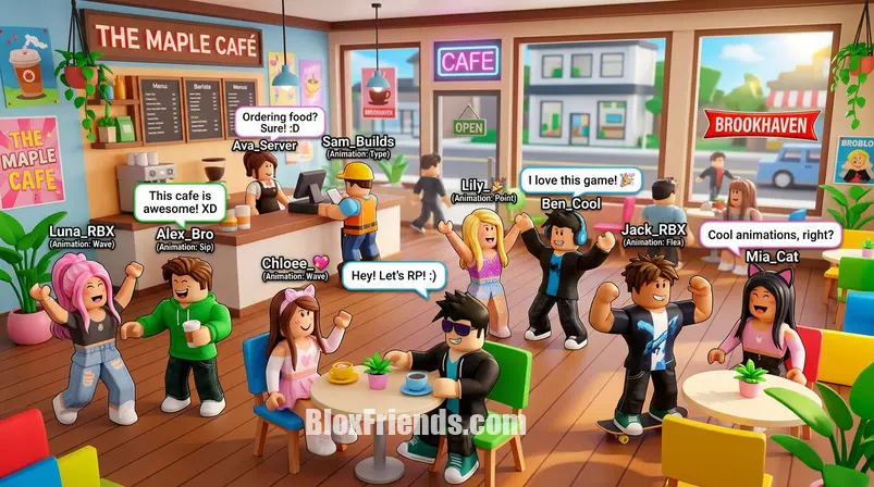 Grupo de avatares de Roblox em Brookhaven RP usando diversas animações em um cenário de roleplay