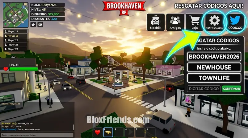 Interface de Brookhaven RP mostrando o botão de resgate de códigos e os códigos BROOKHAVEN2026, NEWHOUSE, TOWNLIFE.