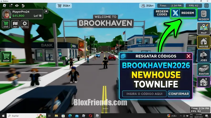 Personagens de Brookhaven RP celebrando com dinheiro e itens de código, banner 'Códigos Ativos Julho 2026'.