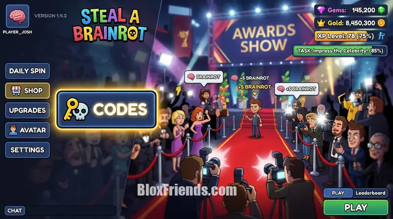 Interface de resgate de códigos em Steal a Brainrot no Roblox, mostrando o botão 'CODES'.