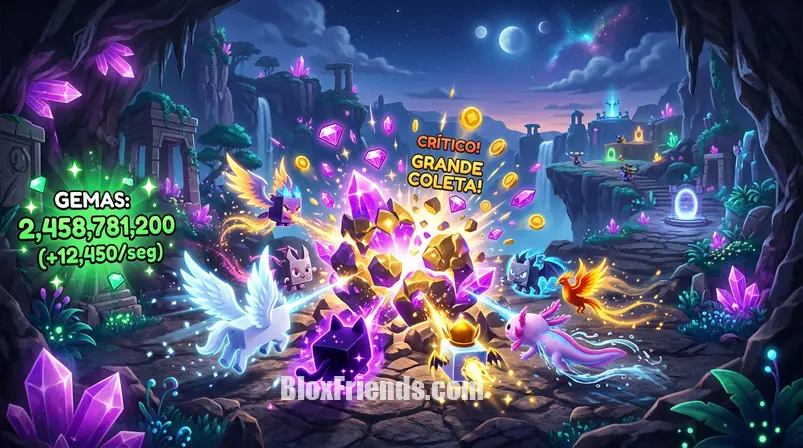 Imagem do meio do post mostrando pets raros de Pet Simulator 99 farmando gemas em um bioma avançado do jogo.