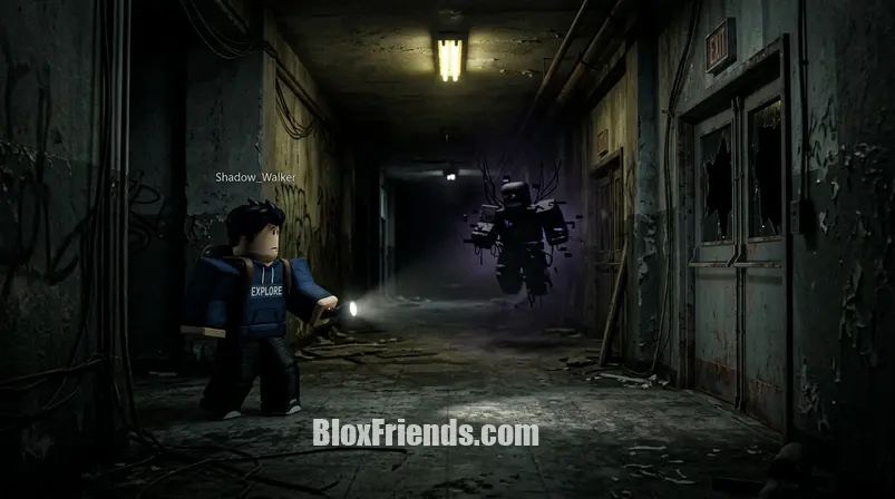 Cena de jogo de terror Roblox com anomalia em corredor escuro.