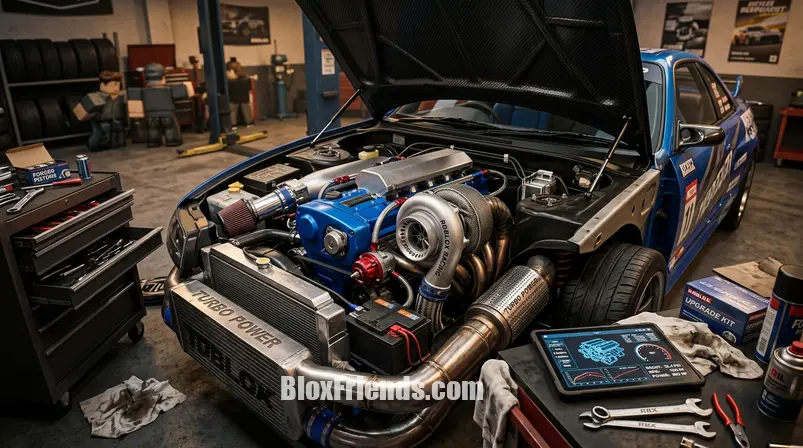 Motor de carro tunado em Street Beats Roblox com turbo e peças de alta performance.
