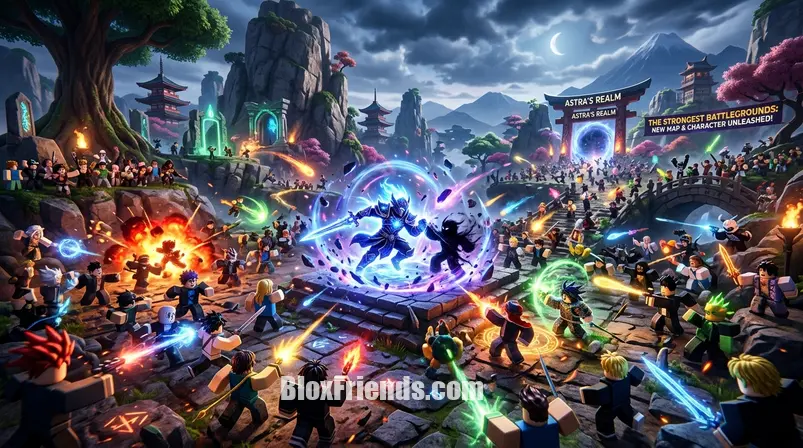 Jogadores de The Strongest Battlegrounds no Roblox explorando um novo mapa ou interagindo com um novo personagem após uma atualização recente, ilustrando o impacto na comunidade.