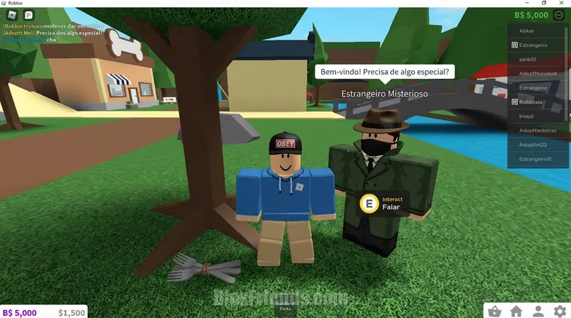 Screenshot de um jogador de Adopt Me conversando com o Estrangeiro Misterioso com um Bundle of Forks por perto.