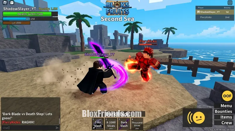 Roblox Blox Fruits game screenshot of two players fighting in PvP, showcasing new balanced combat mechanics.