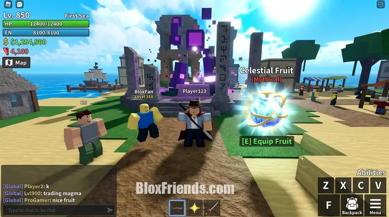 Screenshot do jogo Blox Fruits exibindo uma ilha renovada do First Sea e uma das novas frutas míticas, Celestial ou Oni.