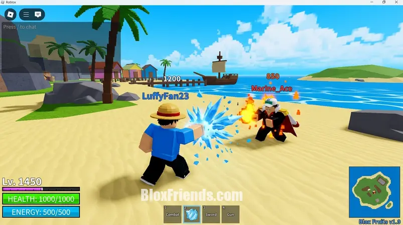 Screenshot do jogo Blox Fruits mostrando um personagem usando uma fruta poderosa em combate PvP, com elementos da atualização de verão.