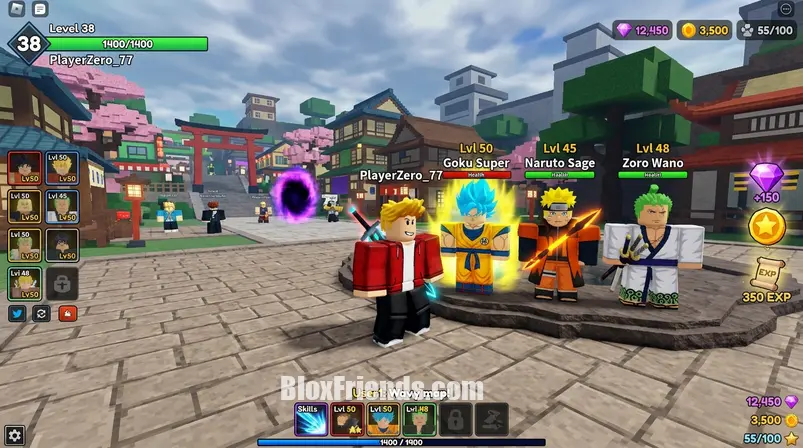 Avatar Roblox de jogador com unidades de Anime Vanguards e ícones de recompensas flutuando.