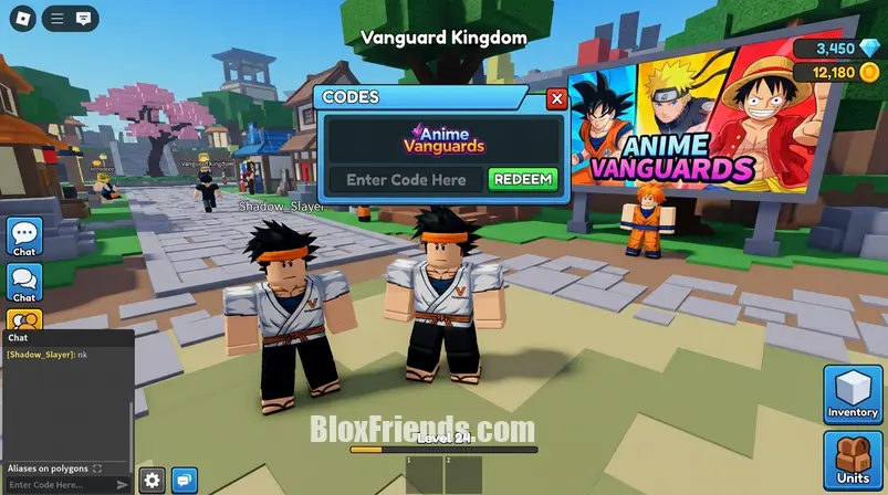 Screenshot do menu de códigos de Anime Vanguards no Roblox, mostrando o campo de inserção de código.