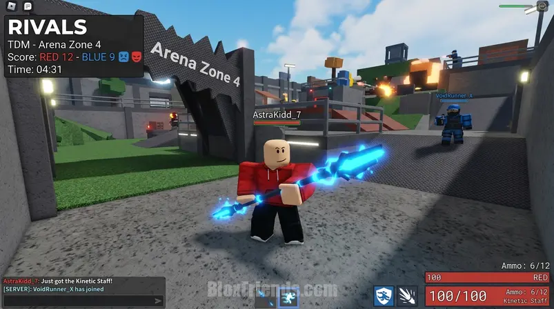 RIVALS on Roblox, authentic Roblox game screenshot, blocky low-poly Roblox 3D, Roblox Studio look, in-game camera, a blocky Roblox avatar character showcasing an exclusive skin or a new weapon on a RIVALS battle arena map.