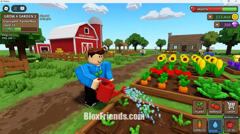 Screenshot de um personagem blocky regando plantas em Grow a Garden 2 no Roblox.