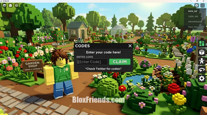 Screenshot do menu de códigos de Grow a Garden 2 no Roblox com um personagem blocky.