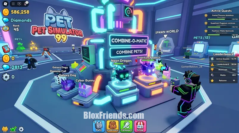 Máquina Combine-o-Matic em Pet Simulator 99, com pets sendo combinados em um cenário de jogo Roblox.