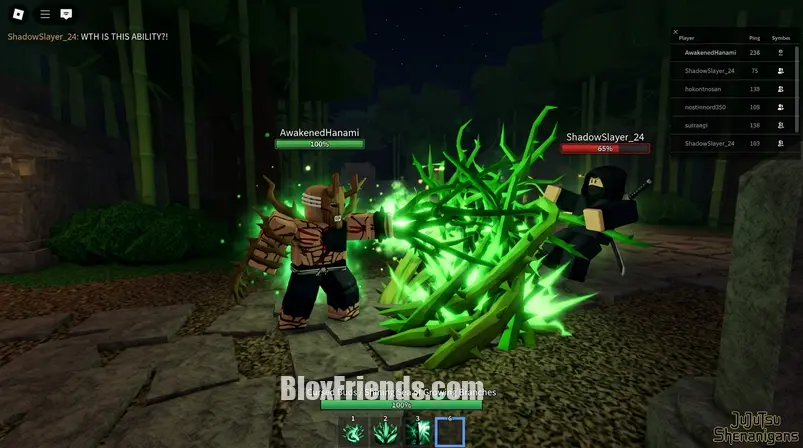 Awakened Hanami using Cursed Buds in Jujutsu Shenanigans on Roblox.