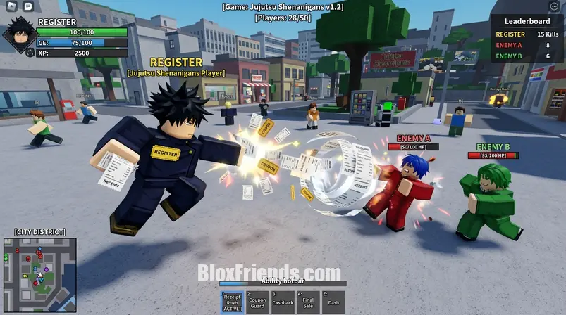 New character Register in Jujutsu Shenanigans on Roblox, performing a receipt-based attack.