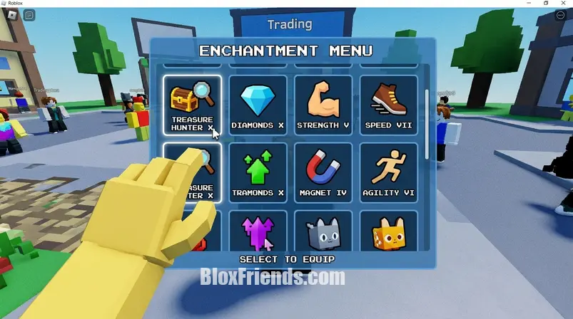 A close-up of the enchantment menu in Pet Simulator 99, showing various enchantments like Treasure Hunter X and Diamonds X, with a player's hand selecting one. Authentic Roblox game screenshot, blocky low-poly Roblox 3D, Roblox Studio look, in-game camera.
