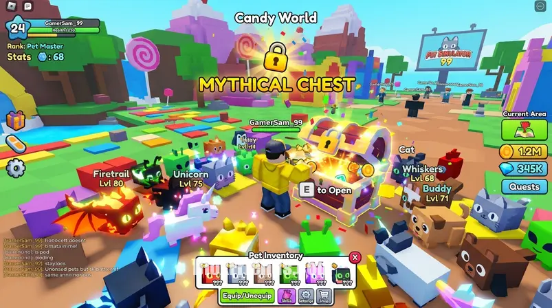 A blocky Roblox character in Pet Simulator 99 interacting with a chest, surrounded by many pets, with an auto clicker visual effect. Authentic Roblox game screenshot, blocky low-poly Roblox 3D, Roblox Studio look, in-game camera.