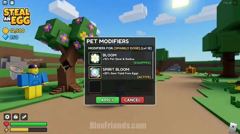 Roblox Steal an Egg UI showing Bloom and Spirit Bloom modifiers on a pet