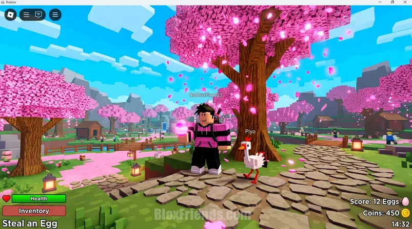 Roblox Steal an Egg Cherry Blossom region screenshot with Crane pet