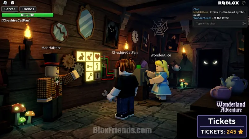 Screenshot de personagens Roblox resolvendo um quebra-cabeça em Wonderland, com a interface de Tickets.