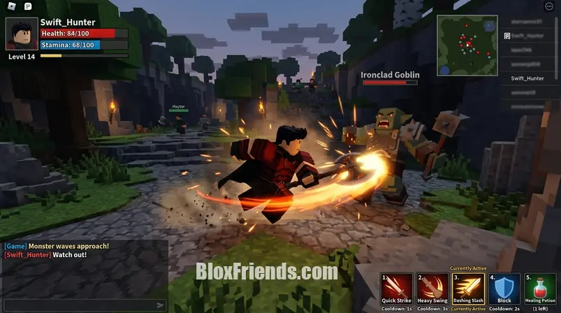 Cena in-game de xHuntr no Roblox com um personagem blocky realizando um ataque, destacando o sistema de combate do jogo.