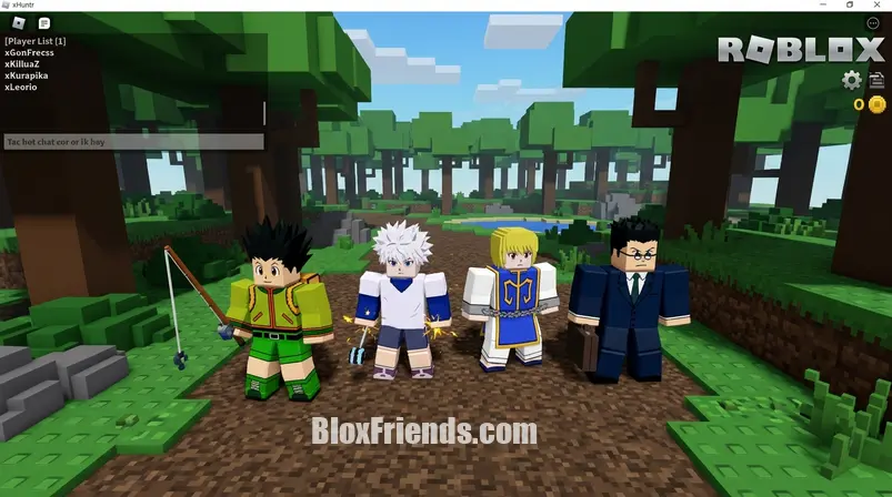 Screenshot de xHuntr no Roblox mostrando personagens blocky de Hunter x Hunter em um cenário de floresta, prontos para a ação.