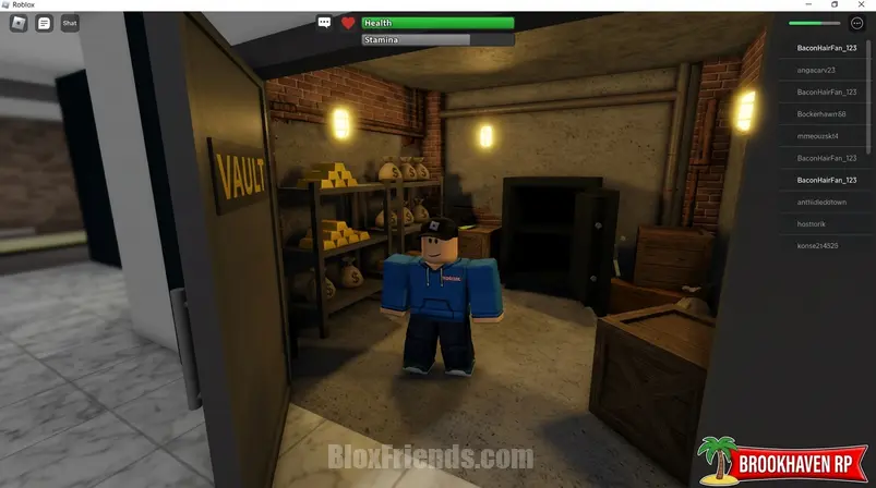 Avatar explorando um cofre secreto no banco reformulado de Brookhaven RP.