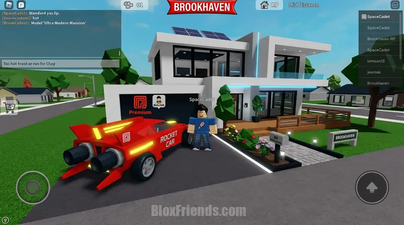 Imagem de capa da atualização futurista de Brookhaven RP com casas modernas e o Rocket Car.