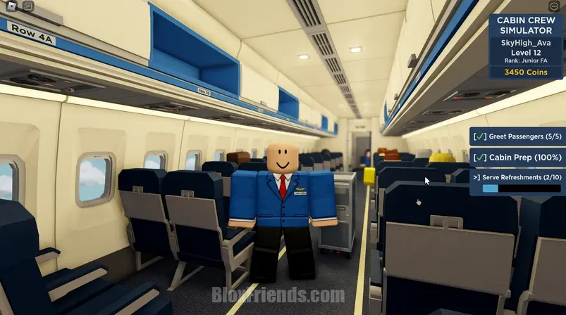 Avatar Roblox dentro da cabine de um avião em Cabin Crew Simulator, com a interface do jogo visível.