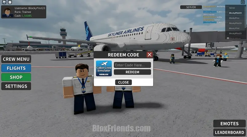 Screenshot do menu de resgate de códigos em Cabin Crew Simulator no Roblox, com um avatar blocky e um avião ao fundo.