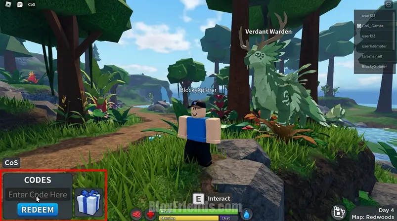 Screenshot do menu de resgate de códigos em Creatures of Sonaria no Roblox, mostrando o ícone de presente azul e o campo para digitar o código.