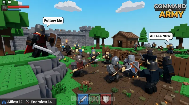 Screenshot de batalha em Command An Army no Roblox, com um comandante liderando diversas unidades medievais em um mapa detalhado.