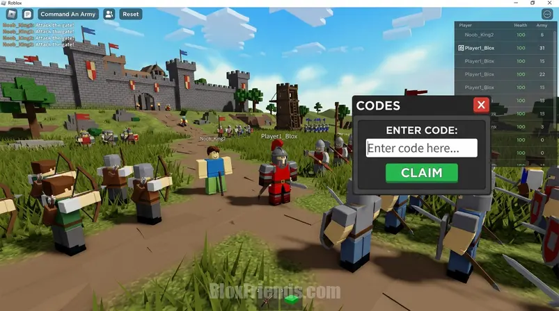 Screenshot do menu de códigos de Command An Army no Roblox, mostrando o campo para inserir códigos e o botão de reivindicar, com unidades medievais ao fundo.
