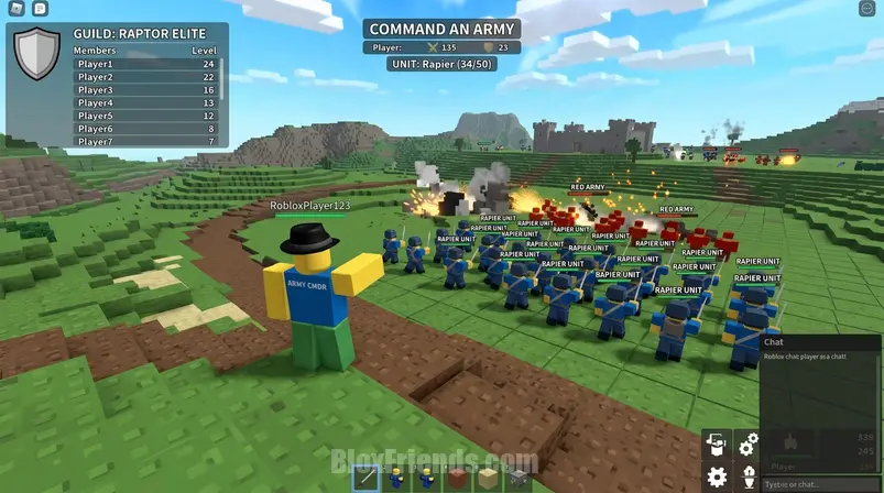 Cena de batalha em Command an Army no Roblox com unidades Rapier e interface de guilda.