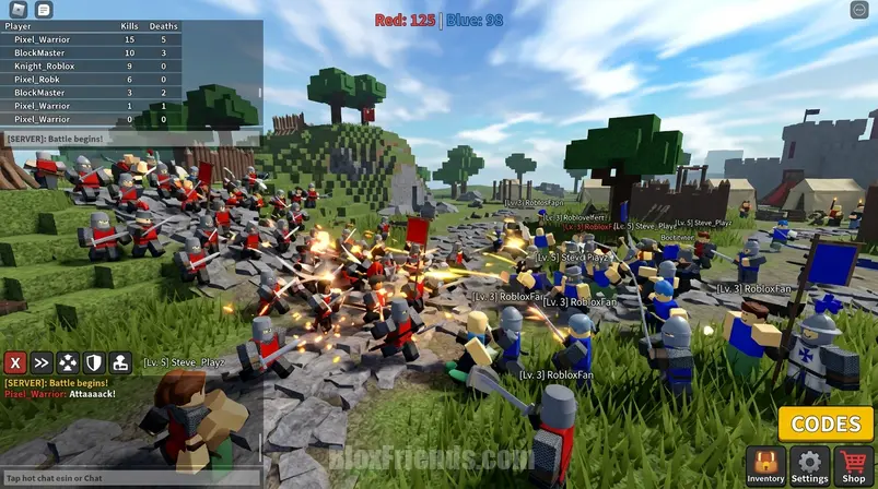 Screenshot do jogo Command an Army no Roblox mostrando o menu de códigos e avatares medievais.