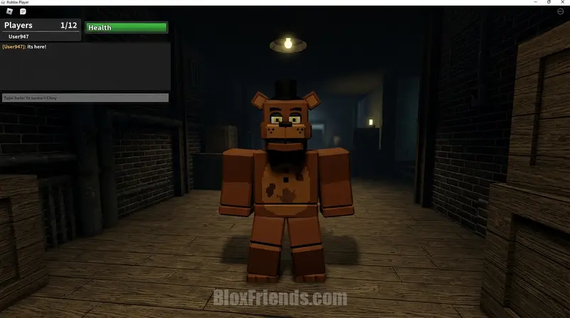 Imagem in-game de 'The Leader' de Grimworks no Roblox, personagem inspirado em Freddy Fazbear.